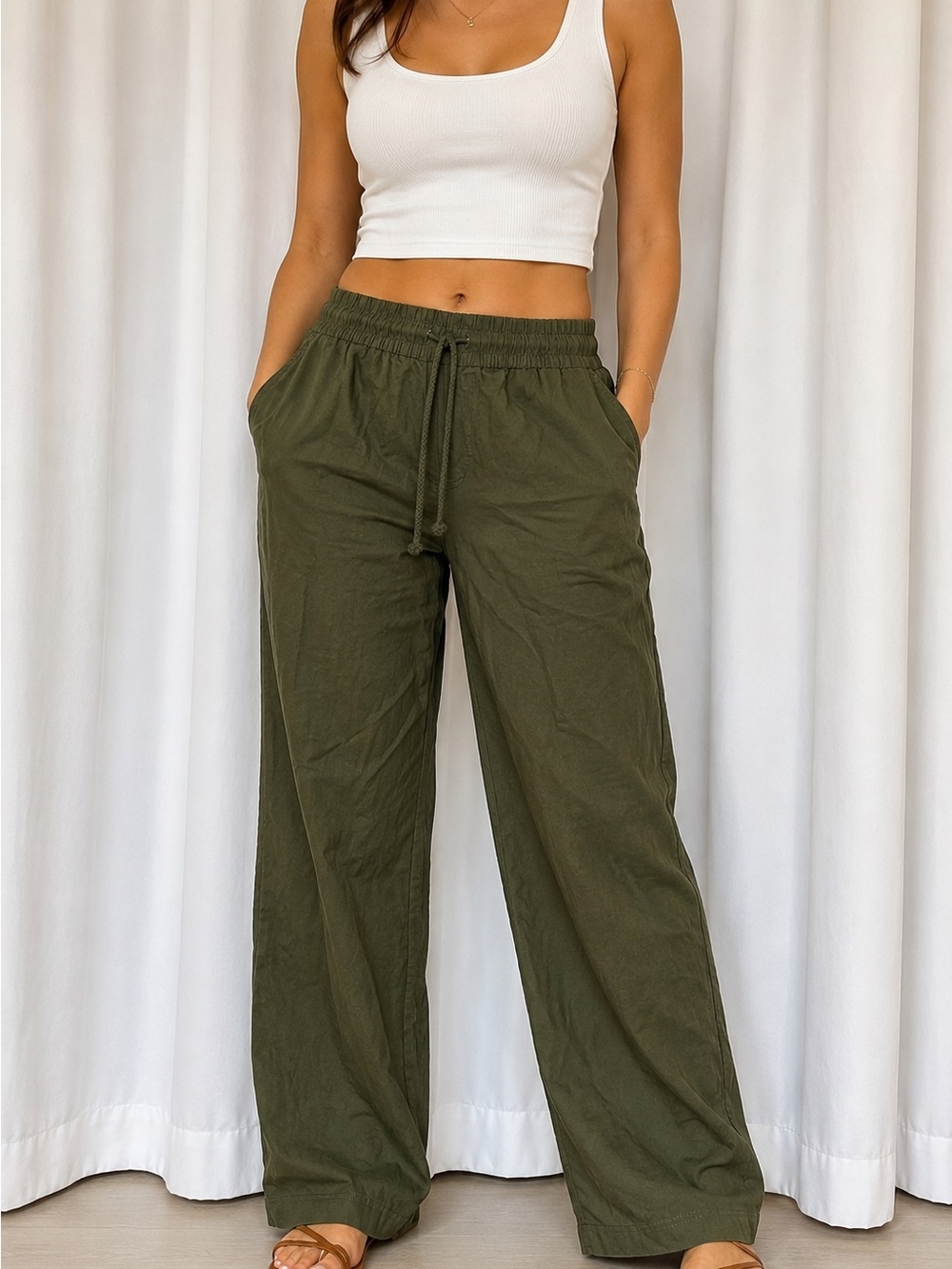 NY & C Olive Green Linen Blend Wide Leg Pull-On Pants XL Petite NWT